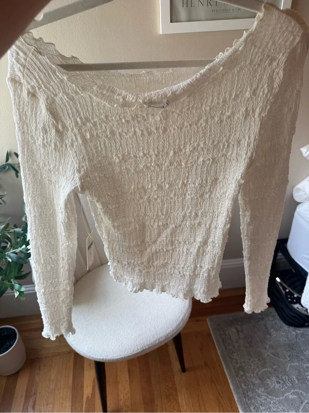 Anthropologie Sheer Cream Crinkled Long Sleeve Top